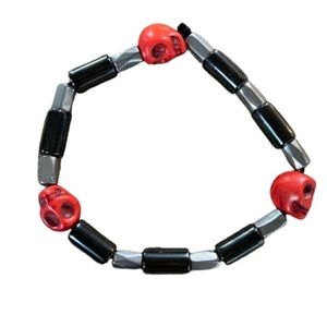 Men’s Red Stone Skull Black & Silver Hematite Stretch Bracelet Hand Crafted New!